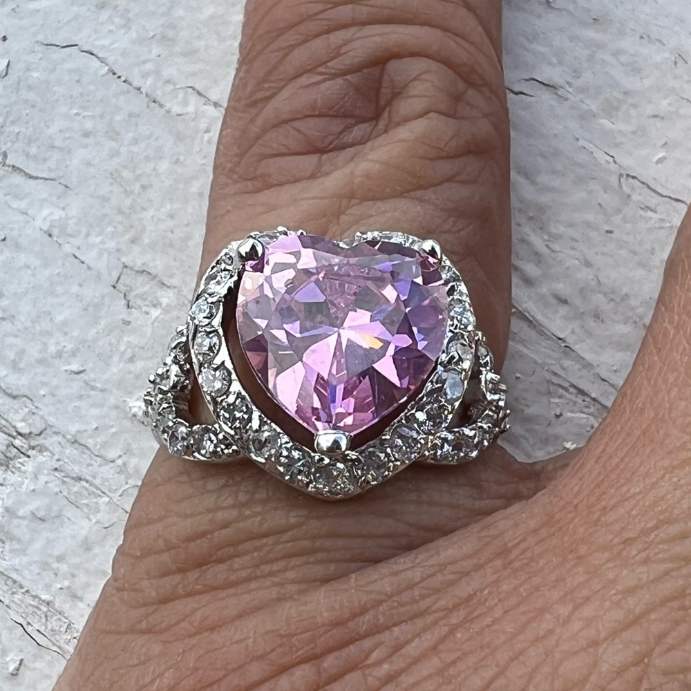 Pink Heart Stone Ring CZ Halo Silver Tone Romantic Statement Sizes 5.5, 5.75, 6